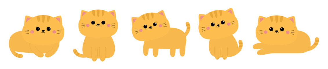 Cat set line. Different poses. Laying, standing, sitting red kitten. Cartoon kawaii funny baby character. Cute face, paw print. Kids collection. Sticker print. Flat design. White background