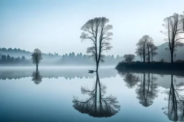 Wall murals Reflection A tranquil, misty morning on a calm lake, where the waters are shrouded in a soft haze. The surrounding trees are reflected on the glass-like surface.