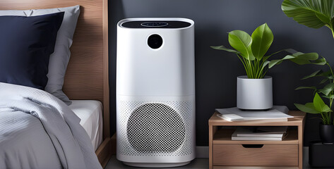 Air purifier in bedroom for filter and cleaning removing dust PM2.5 HEPA in home.