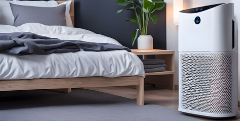 Air purifier in bedroom for filter and cleaning removing dust PM2.5 HEPA in home.
