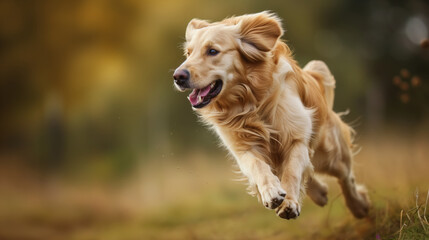 A dog runs at high speed across a meadow and jumps up in a leap