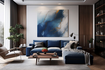 Modern living room with blue sofa generated.AI