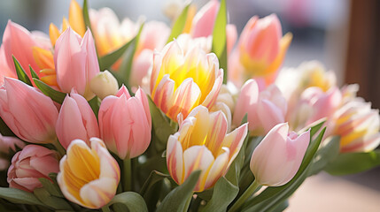 Vibrant Bouquet of colorful tulips. Festive flowers on a sunny background. Easter and mothers day, International Women's Day