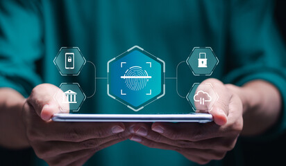 Biometric cyber security system. Businessman use smartphone access security personal financial data on scan fingerprint identification, Cybersecurity and privacy to protect data.