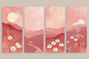 Minimalist abstract colorful clipart print set with mountains, sun, daisies. Softly organic simple lined bold shaped charming tiny core print vector style. Great as web banner, poster design.