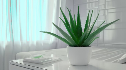  aloe vera in a white pot on a desk in a white bedroom, Green aloe vera in pot on chest of drawers indoors