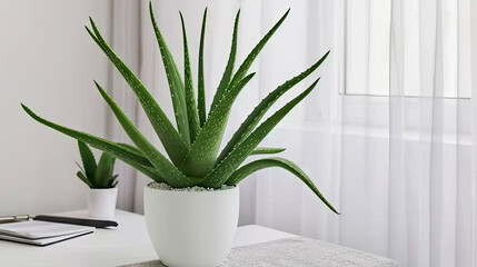  aloe vera in a white pot on a desk in a white bedroom, Green aloe vera in pot on chest of drawers indoors