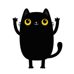 Black cat standing. Waving hand paw. Funny head face icon. Kitten with yellow eyes. Cute cartoon funny baby character. Kawaii animal. Sticker print. Pet collection. Flat design. White background.