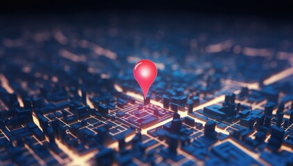 A glowing geolocation marker on a map of a nighttime city - obrazy, fototapety, plakaty