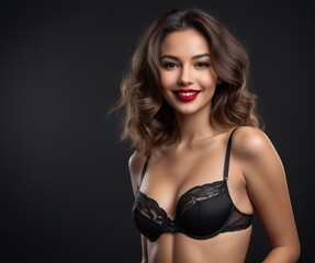 Fototapeta na wymiar Smiling attractive young woman with sexy shapely forms, loose wavy hair in lingerie, Boudoir