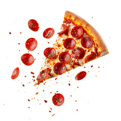 Flying slice of Pepperoni Pizza flying falling isolated on white transparent background, top view, ultra realistic, PNG