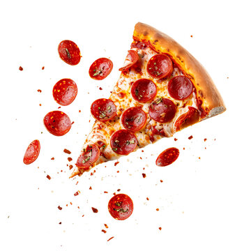 recommend clip art: Flying slice of Pepperoni Pizza flying falling isolated on white transparent background, top view, ultra realistic, PNG