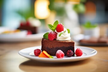 flourless chocolate cake, gluten-free label, close-up