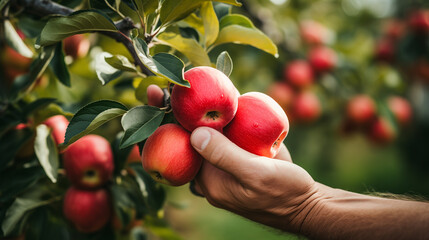 Hands touching and inspect the quality of red apple branch full of apples before plucking the harvest