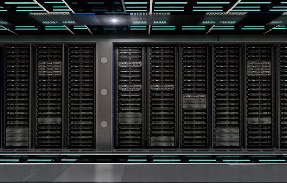 Server racks in server room data center.3D illustration.