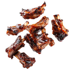 Grill Pork ribs in sauce realistic 3d flying in the air, grilled meat collection, ultra realistic,...