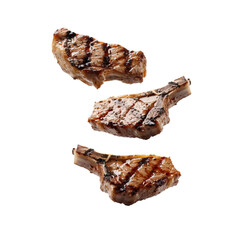 Grill Pork Chops steaks, realistic 3d brisket flying in the air, grilled meat collection, ultra...