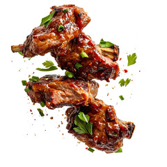 Grill Pork Ribs, realistic 3d ribs flying in the air, grilled meat collection, ultra realistic, icon, detailed, angle view food photo, steak composition