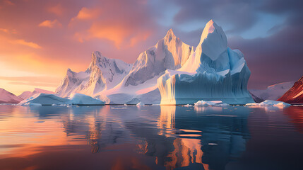 A towering iceberg, with pristine white expanses as the background, during a serene polar twilight