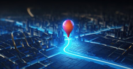 A glowing geolocation marker on a map of a nighttime city