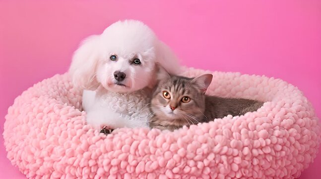 Cute white dog and fluffy cat chill on pink pet bed over pink background.