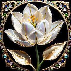 AI prompt: Craft a captivating tulip with 4K+ resolution, intricate design, featuring mother-of-pearl, gemstones, and gold for a serene and elegant atmosphere.(Generative AI) 