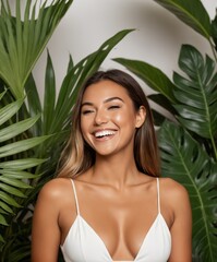 Beautiful young woman with smooth tanned skin laughs cheerfully exotic plants and flowers as background