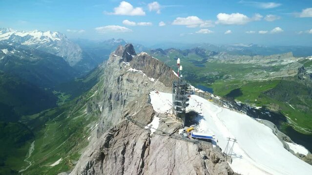 Drone Switzerland 4k. Titlis summit, mountain peak of Uri Alps. popular ski resort and day trip destination from Lucerne.
