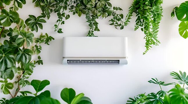 Air conditioner surrounded by green plants on white wall, blank template mock up.