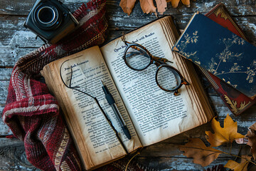 An open book alongside reading accessories like glasses, bookmarks, or pens