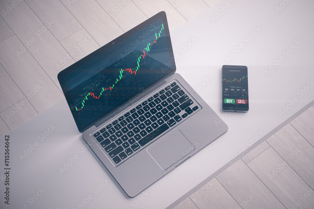 Poster top view of laptop and smartphone on wooden office desk with glowing forex chart on light background