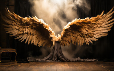 Imposing bronze angel wings open wide in a dramatic display, set against a moody theatrical backdrop with a mystical foggy glow - obrazy, fototapety, plakaty