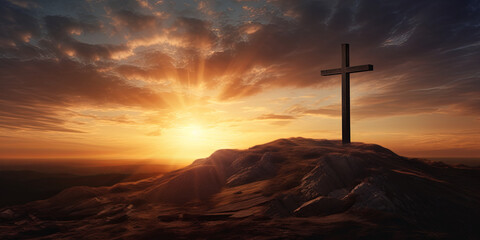 Resurrection Radiance: Cross in Sunrise Glory Background - obrazy, fototapety, plakaty