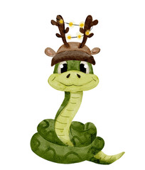 Watercolor cute snake, Christmas snake, symbol of years 2025, baby, postcard 
