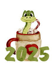 Watercolor cute snake, Christmas snake, symbol of years 2025, baby, postcard 
