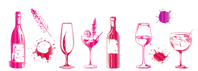 Colorful wine designs - Collection of wine glasses. Sketch vector illustration. Elements for invitation cards, advertising banners and menus. Wine glasses with plants, grasses and splashing wine.