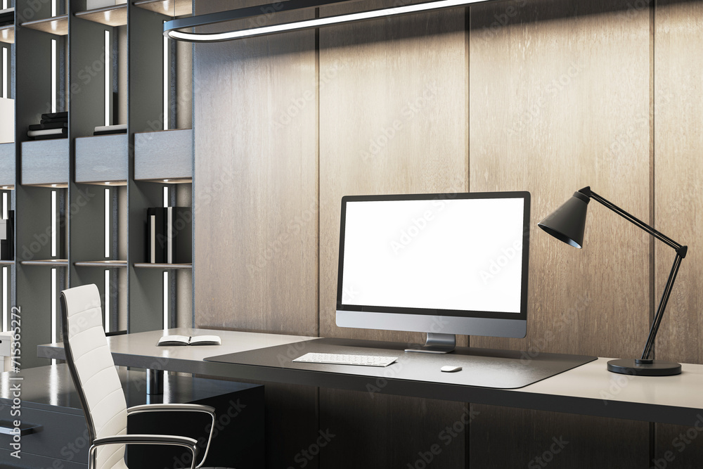 Poster Elegant office interior with computer and lamp in a wooden and gray setup. Professionalism concept. 3D Rendering