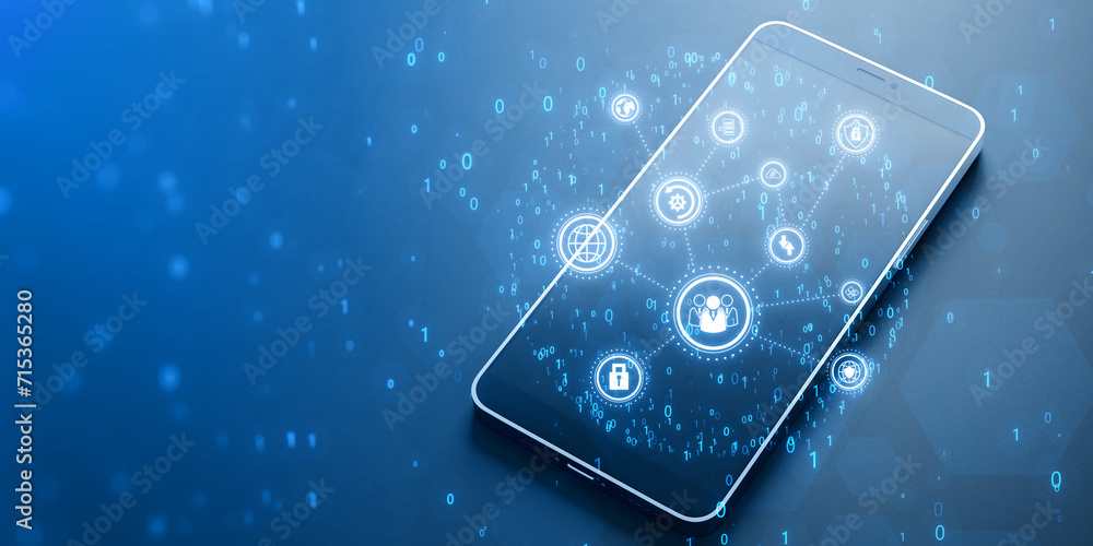 Poster smartphone with creative connected digital business interface with various icons and binary code on blurry background. Software development, app, global business and ai concept. 3D Rendering.