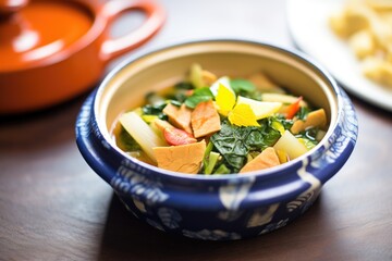 single serving of fattoush in a clay dish with lemon wedge