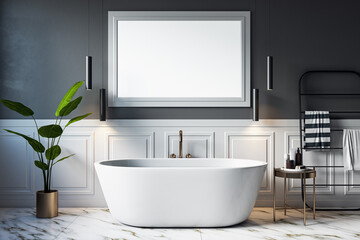 Fototapeta premium Modern gray and marble bathroom interior with empty white mock up banner and various objects. Hotel and accommodation designs. 3D Rendering.