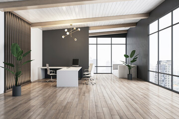 Urban office space with panoramic windows and a sleek, minimalist wood desk. 3D Rendering
