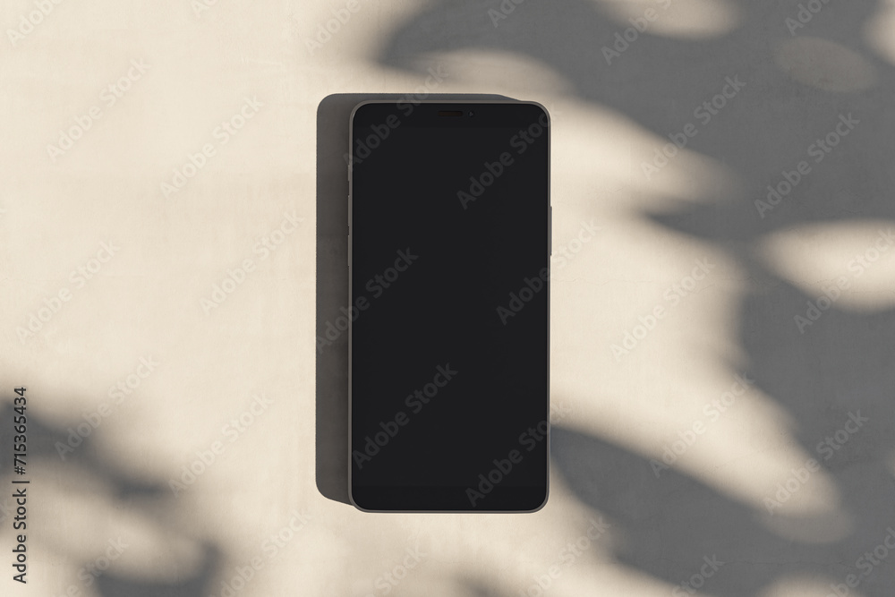 Poster Close up of empty smartphone on light surface with leaf shadows. Presentation concept. Mock up, 3D Rendering.