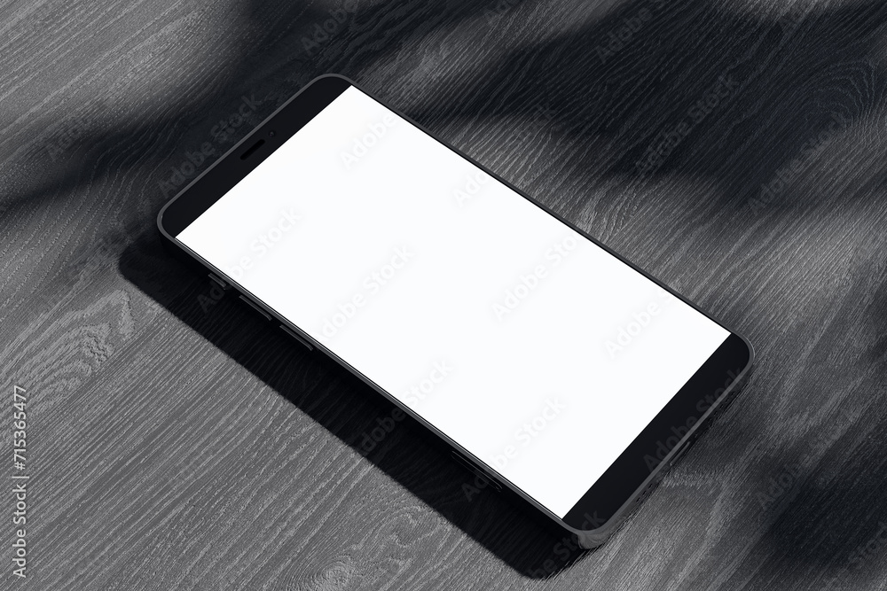 Poster Close up of empty white mobile phone on dark wooden surface with leaf shadows. Presentation concept. Mock up, 3D Rendering.