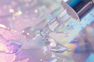 Pipette dropper with pouring silver serum on a holographic silver background