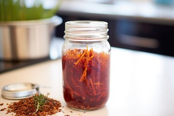 a jar of fermenting beet kvass on a slate kitchen countertop - obrazy, fototapety, plakaty