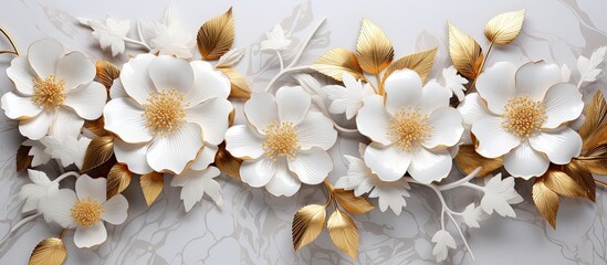 Gold and white flowers on a white background, 3d background template