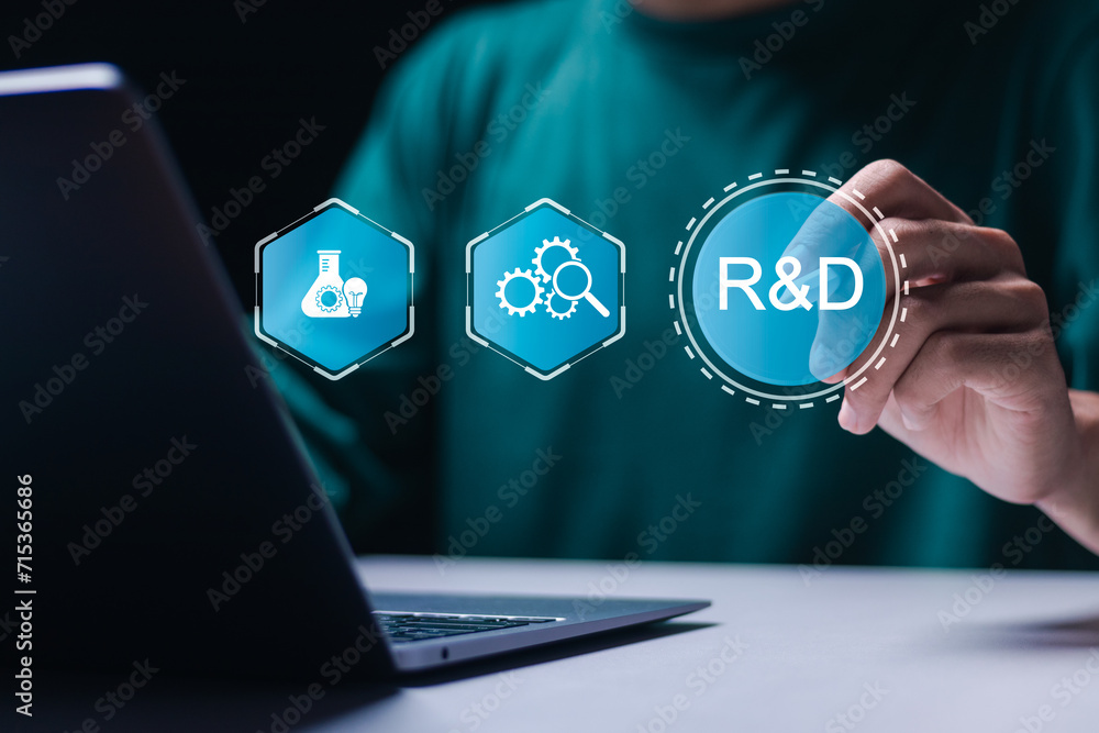 Poster r and d, research and development concept. businessman use laptop with virtual r and d icons for res