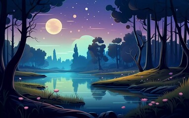 Obraz premium Very beautiful night forest landscape with lake