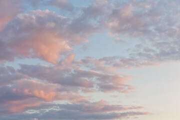 Beautiful fluffy clouds painted in vibrant colors at sunrise. Pink and light blue. Multicolor background or wallpaper