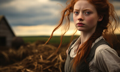 Young Redhead Girl in Rustic Attire Gazing Intently, Embodied with the Resilient Spirit of Rural Heartlands Under a Dramatic Sky - obrazy, fototapety, plakaty